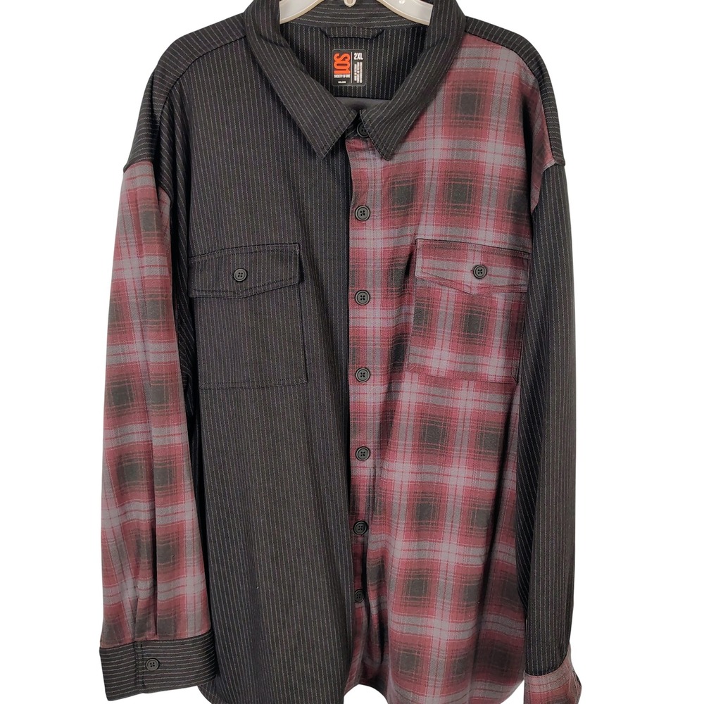 Society‎ of One Mens 2XL Plaid Pinstripe Split Panel Button Down Shirt Burgundy